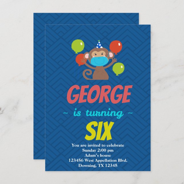 Masque de singe enfant personnalisé Invitation de  (Devant / Derrière)