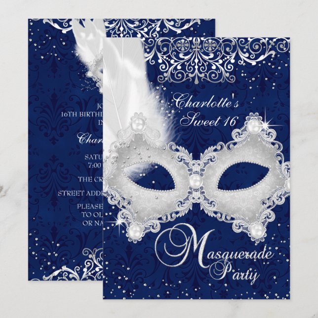 Masque en Damassé Argent Bleu Invitation Mascarade (Devant / Derrière)