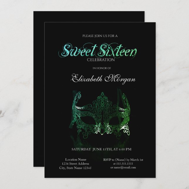 Masque Vert Simple Black Sweet 16 Invitation (Devant / Derrière)