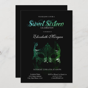 Masque Vert Simple Black Sweet 16 Invitation