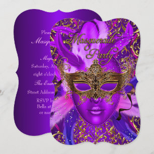 Masque Violet Or Fête Mascarade Invitation