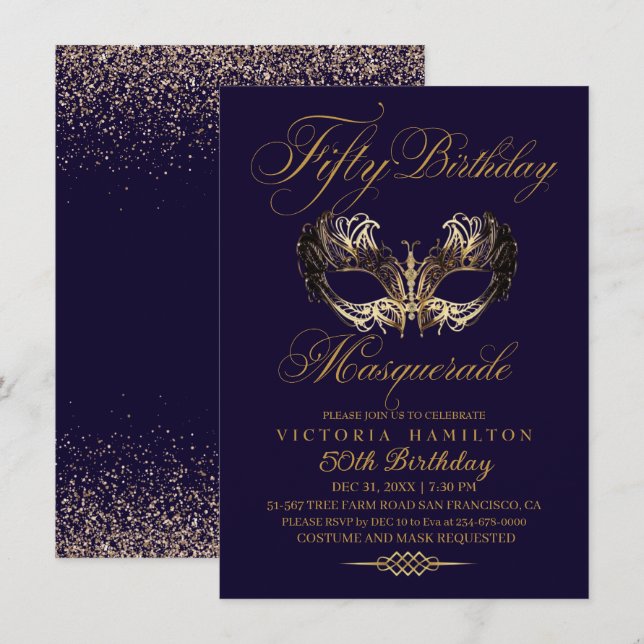 Masquerade 50e Anniversaire Blue Gold Invitation (Devant / Derrière)