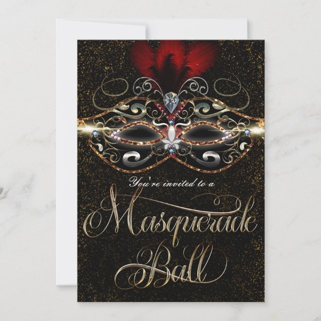 MASQUERADE BALL Élégante Red Gold Party Invitation (Devant)