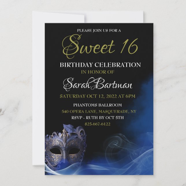 Masquerade Blue Sweet 16 Invitation (Devant)