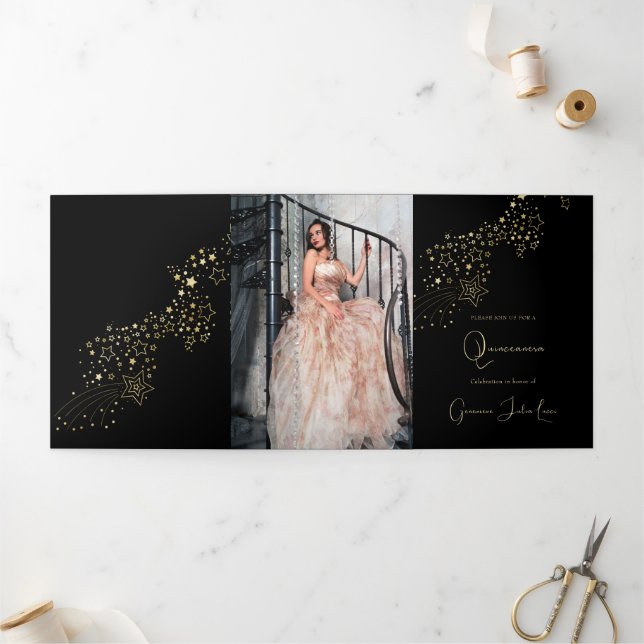 Masquerade Gold Stars Quinceanera Party Invitation (Extérieur)