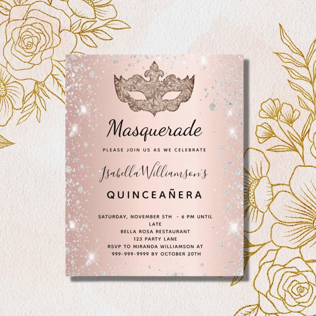 Masquerade rose or argent Quinceanera invitation (Créateur téléchargé)