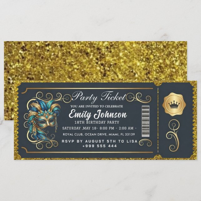 Masquerade Ticket Birthday Invitation Teal Gold (Devant / Derrière)