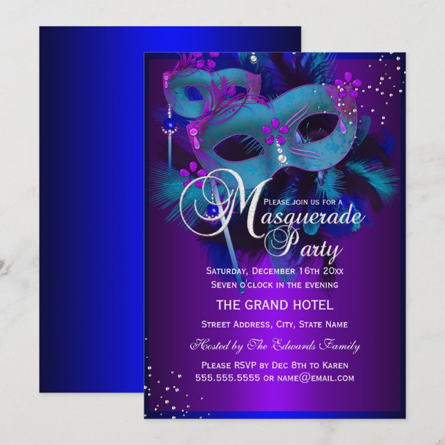 Masques turquoise & violet Masquerade Invitation d (Devant / Derrière)