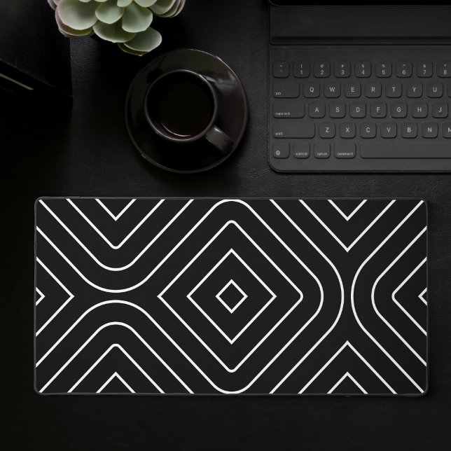 Mat De Bureau De Jeux Géométriques Abstrait Noir E (Large desk mat with black and white abstract geometric pattern, full desk mouse pad)
