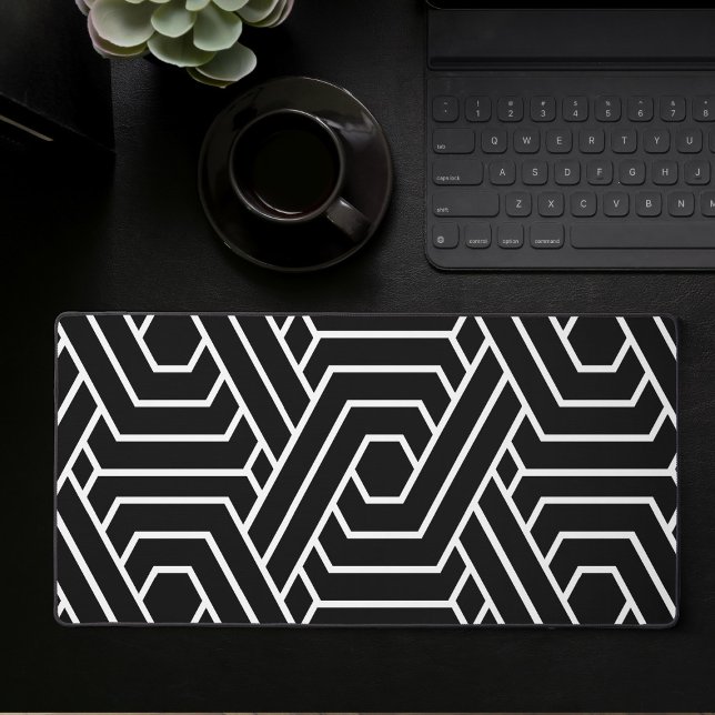 Mat De Bureau De Jeux Géométriques Abstrait Noir E (Large desk mat with black and white abstract geometric pattern, full desk mouse pad)