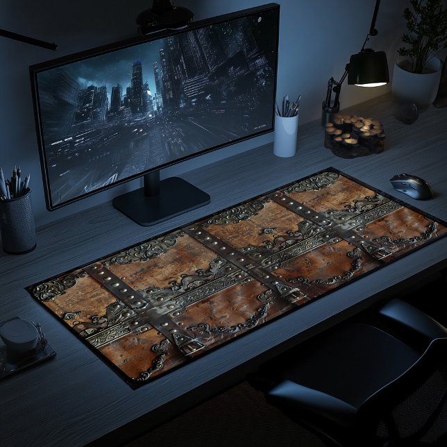Mat de bureau médiéval en cuir et fer rustique (Créateur téléchargé)