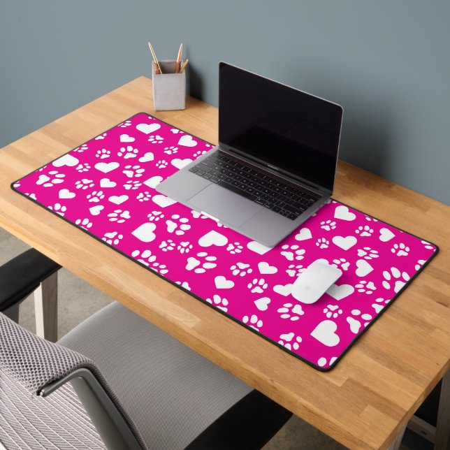 Mat de bureau rose avec Empreintes de pattes blanc (Bureau 2)