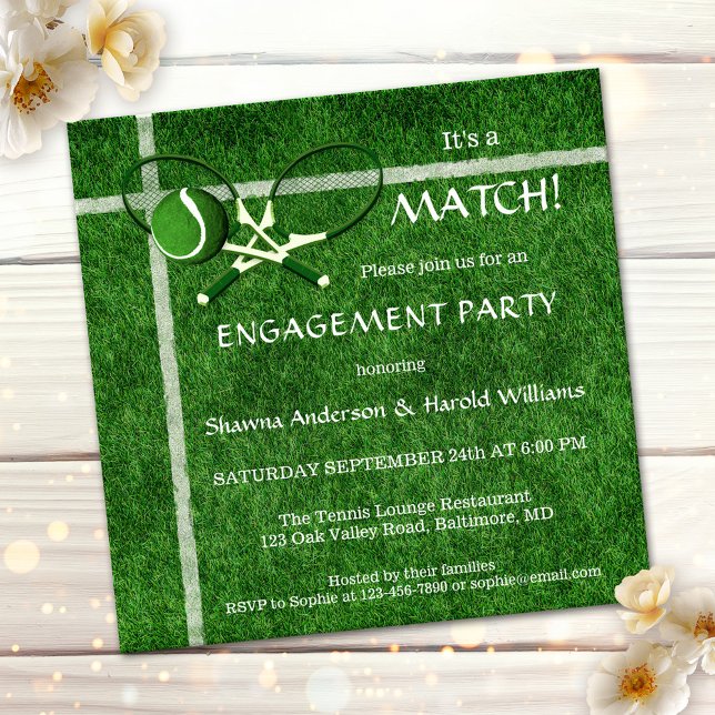 Match de tennis Invitation à une soirée d'engageme (Sportive engagement party invitation featuring two tennis rackets on green grass )