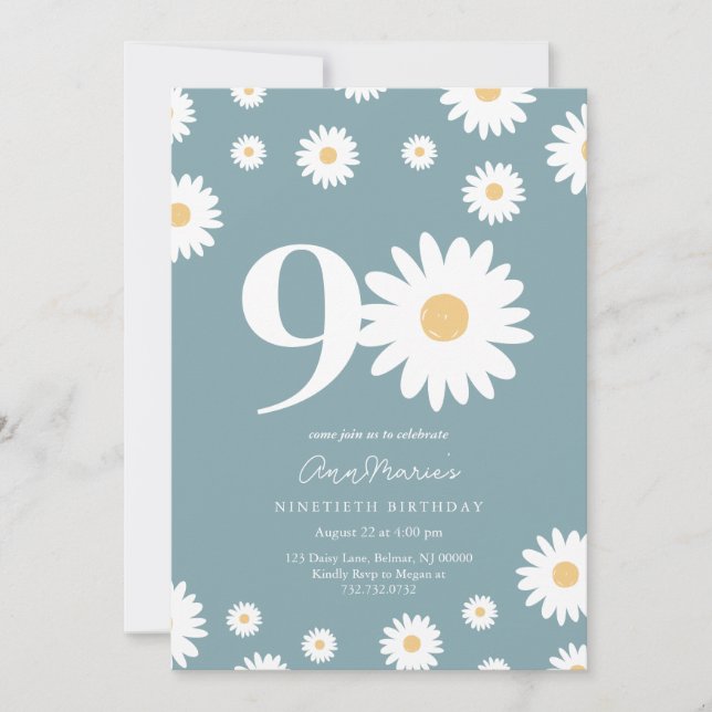 Matte Blue Daisy 90e Invitation anniversaire (Devant)