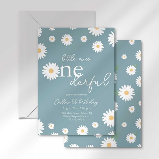 Matte Blue Daisy Little Miss Onederful Invitation (Créateur téléchargé)