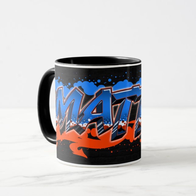 Matteo prénom nom graffiti bleu orange tasse (Devant gauche)