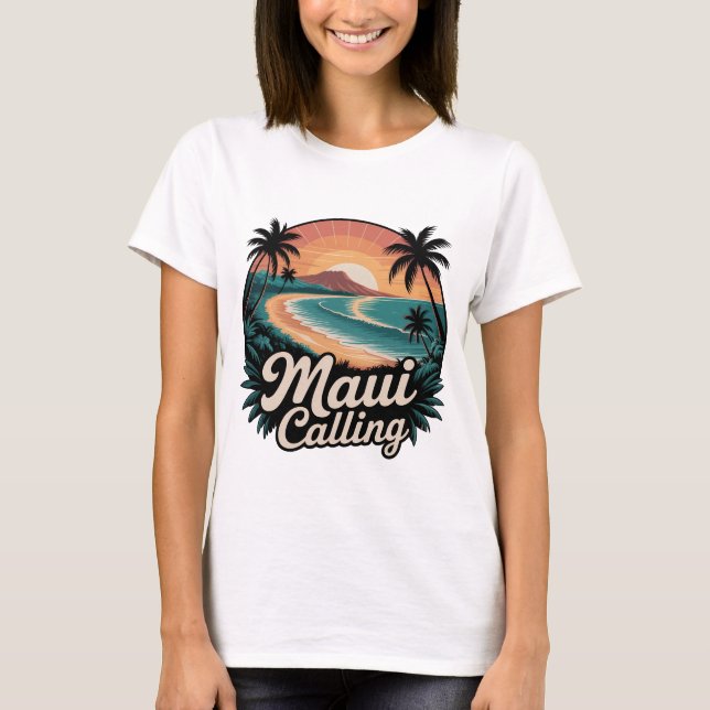 Maui Calling - Rétro Hawaiian Sunset Beach T-Shirt (Devant)