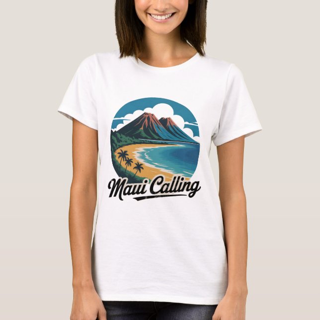 Maui Calling - Rétro Hawaiian Sunset Beach T-Shirt (Devant)