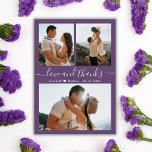 Mauve Budget Photo Collage Mariage Carte de remerc<br><div class="desc">Budget Moderne Élégant "Amour et Merci" Script Mauve Mariage 3 Photo Collage Merci Faible Budget Abordable Carte mince pas cher. Vous pouvez effectuer une mise à niveau pour que cette carte soit imprimée sur le stock. Avec trois (3) photos sur le devant et une (1) photo sur le dos. Avec...</div>