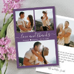 Mauve Elegant Merci Script Photo Collage Mariage<br><div class="desc">Elégant minimaliste à la main Lettered Mariage 3 Photo Collage Carte de remerciements en couleur mauve violet. Élégant modèle mariage avec trois photos sur le devant et une photo sur le dos. Avec le texte "Amour et merci" dans une calligraphie ou un script de typographie à la main cursive en...</div>