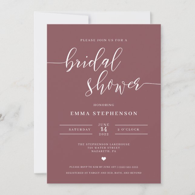 Mauve Élégante Invitation de douche nuptiale (Devant)