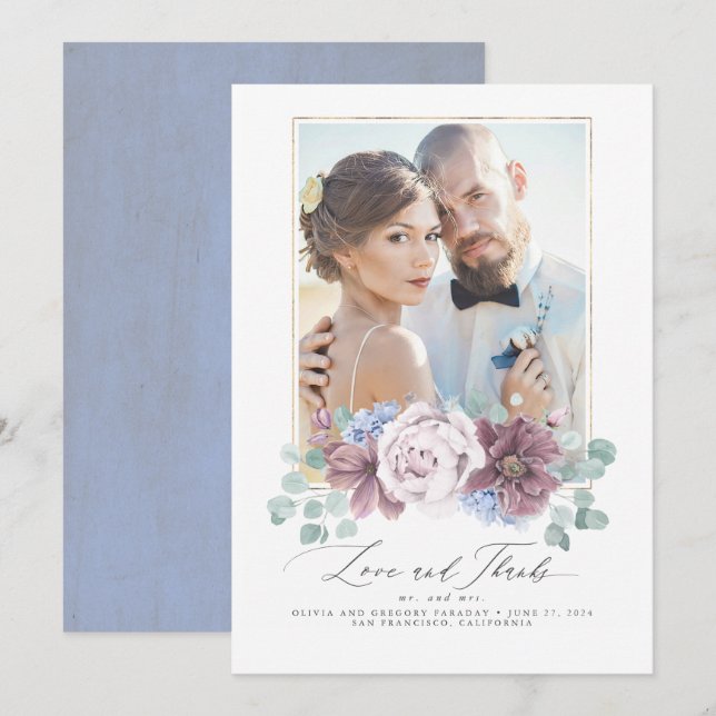 Mauve et Dusty Blue Floral Mariage Carte de remerc (Devant / Derrière)