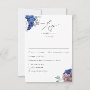 Mauve et Marine Blue Floral Wedding RSVP