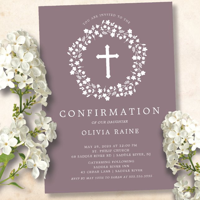 Mauve Floral Girls First Confirmation Invitation (Créateur téléchargé)