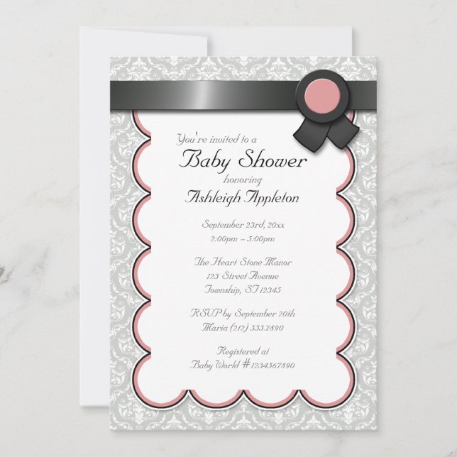 Mauve & Grey Damask Baby Shower Invitations (Devant)