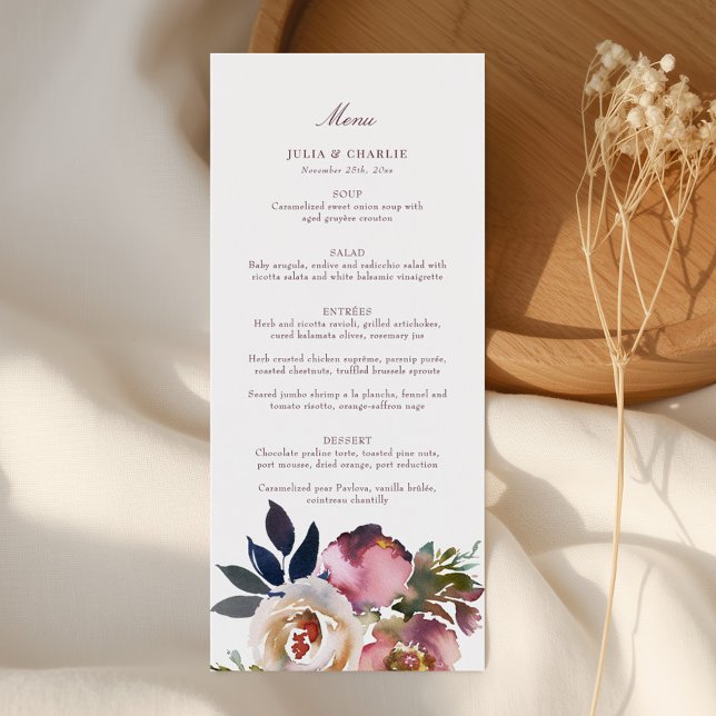 Mauve Indigo Watercolor Rose Wedding Menu (Créateur téléchargé)