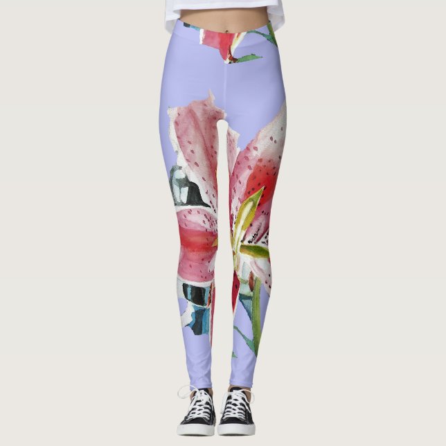 Mauve Lilac Lily art floral aquarelle Leggings (Devant)