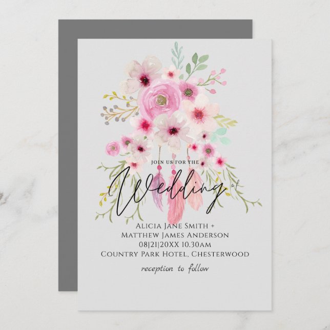 Mauve rose BOHO Faire-part de mariage en plumes fl (Devant / Derrière)