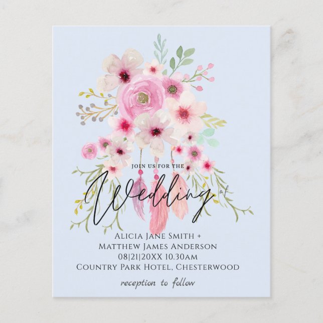 Mauve rose BOHO Faire-part de mariage en plumes fl (Devant)
