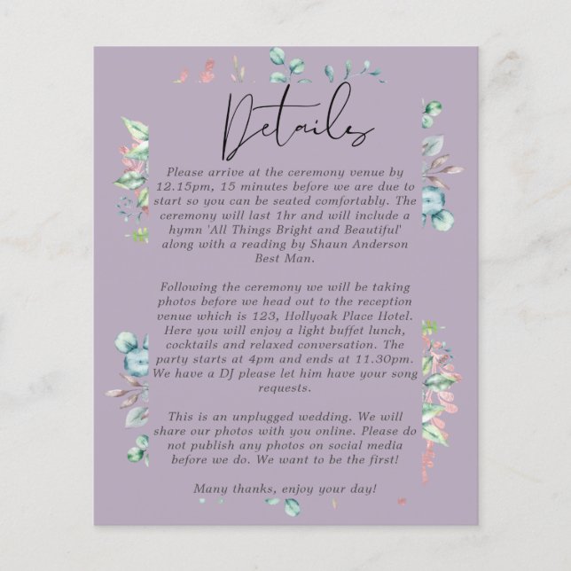 Mauve Sage Rosegold Mariage Feuille Détails Progra (Devant)