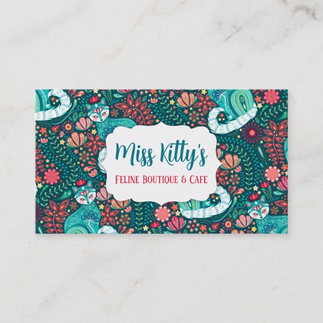 Maximaliste Chat Turquoise sur Folksy Floral Carte (Devant)