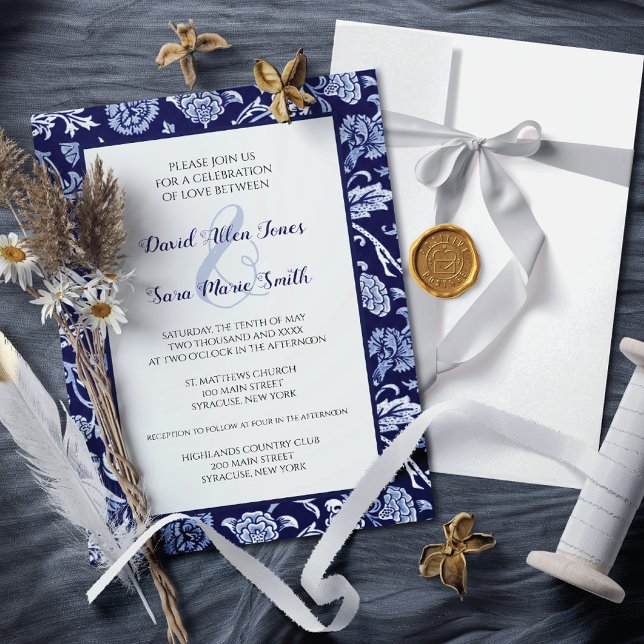 Meadow Wildflowers Indigo Blue Wedding Invitation (Créateur téléchargé)