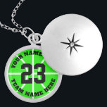 Médaillon Avec Fermoir Jersey de joueur de basket-ball personnalisé numér<br><div class="desc">Jersey de joueur de basketball personnalisé nom d'équipe collier rond de casier. Cadeau sportif personnalisé pour joueur de basket,  ventilateur et entraîneur. Vert néon ou couleur arrière - plan personnalisée. Cadeaux sportifs pour fille,  soeur,  fille,  petite-fille,  maman,  amie,  coéquipier etc.</div>