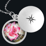 Médaillon Avec Fermoir L'amour est dans Bloom Bridesmaid<br><div class="desc">Le design présente l'image d'une rose rose en fleurs. L'image qui entoure est le texte personnalisable,  "Bridesmaid". Conçu pour coordonner avec la "Love is in Bloom Mariage Suite".</div>