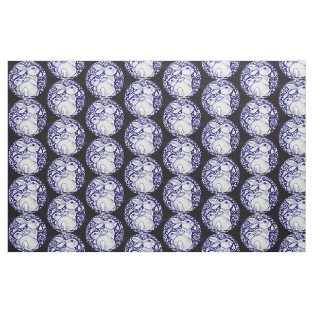 Médaillon lapin bleu et blanc tissu noir (Fat Quarter)