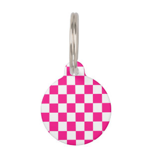 Médaillon Pour Animaux à damiers carré chaud rose blanc rétro géométrique