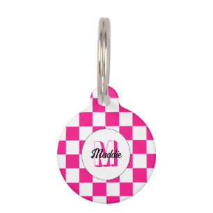 Médaillon Pour Animaux à damiers rose chaud blanc rétro Monogram