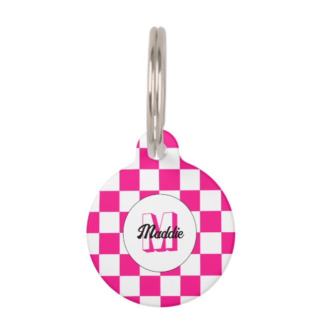 Médaillon Pour Animaux à damiers rose chaud blanc rétro Monogram (Devant)