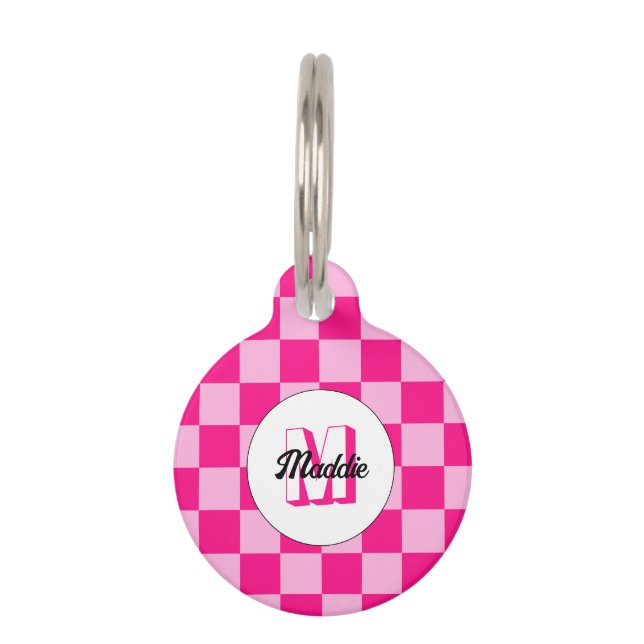 Médaillon Pour Animaux à damiers rose chaud clair rétro (Devant)