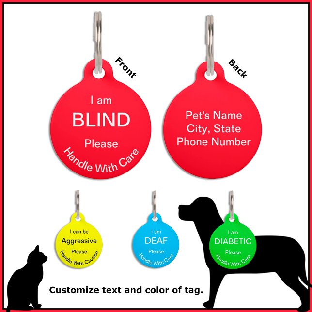 Médaillon Pour Animaux [À propos de mon chien] Blind Deaf Alert Chat Chie (Click the big blue "Edit Using Design Tool" button to choose any color you like for your tag.)