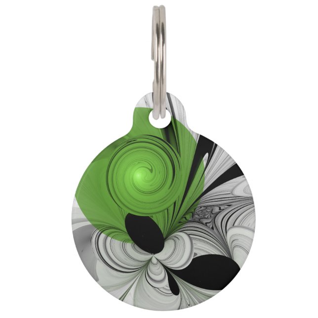 Médaillon Pour Animaux Abstrait noir et blanc avec art fractal vert (Devant)