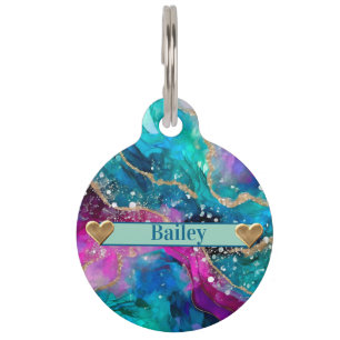 Médaillon Pour Animaux Abstrait Turquoise Rose & Violet Avec Parties scin