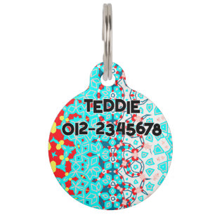 Médaillon Pour Animaux Abstrait Turquoise rouge jaune avec n° de contact