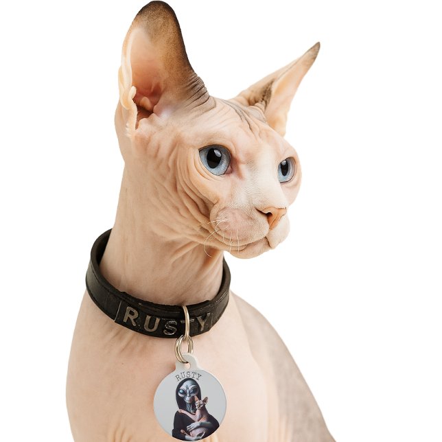 Médaillon Pour Animaux Alien Sphynx Chat Nom personnalisé Numéro d'identi (Alien Holding Sphynx Cat ID tag)