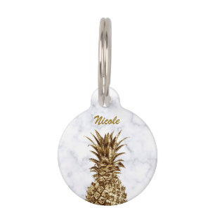 Médaillon Pour Animaux Ananas élégant en marbre blanc et doré