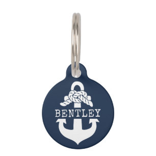 Médaillon Pour Animaux Ancre bleue marine Nom personnalisé
